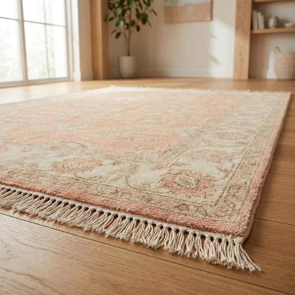 Elegant handmade floral wool carpet featuring wide cream border and vintage Oushak-inspired botanical motifs.
