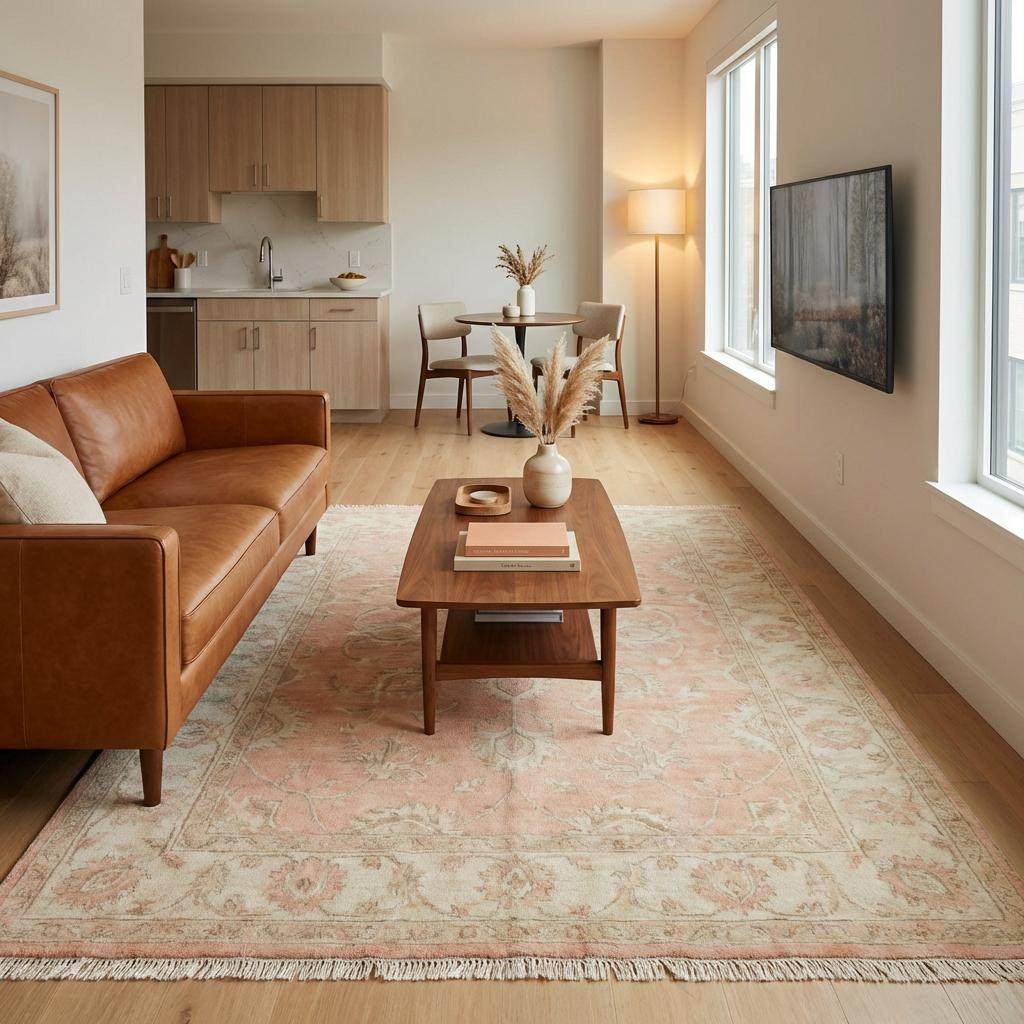 Rectangular hand knotted peach area rug designed for living room, nursery, or feminine interior styling.