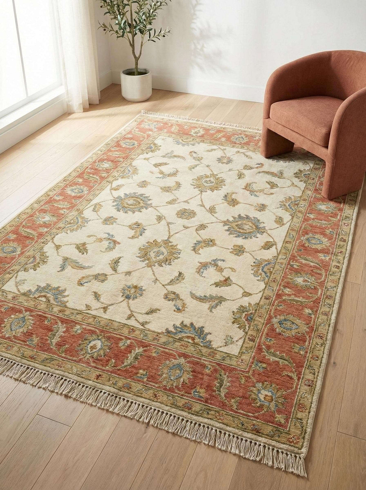 Hand Knotted Oushak floral wool rug in beige and rust with traditional vintage pattern for living room or bedroom
