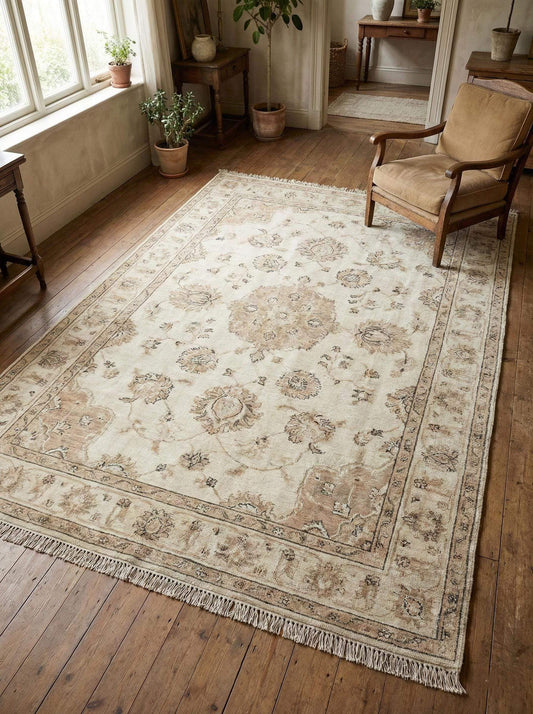Hand knotted Oushak rug 8x10 beige wool vintage Turkish living room carpet