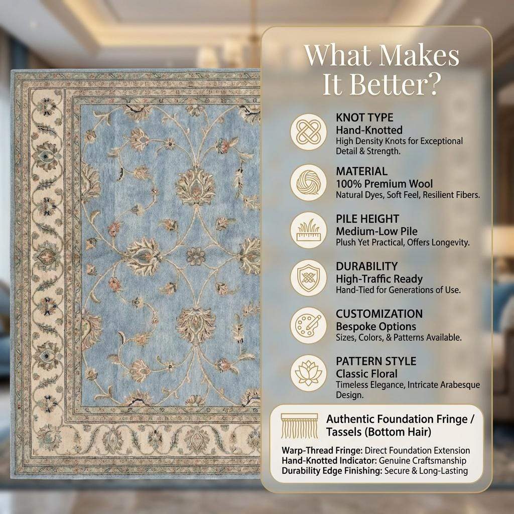 Hand Knotted Oushak Rug Blue, Wool Area Rug 8x10 9x12, Muted Floral Living Room Carpet, Handmade Pastel Bedroom Decor, Soft Turkish Style
