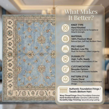 Hand Knotted Oushak Rug Blue, Wool Area Rug 8x10 9x12, Muted Floral Living Room Carpet, Handmade Pastel Bedroom Decor, Soft Turkish Style