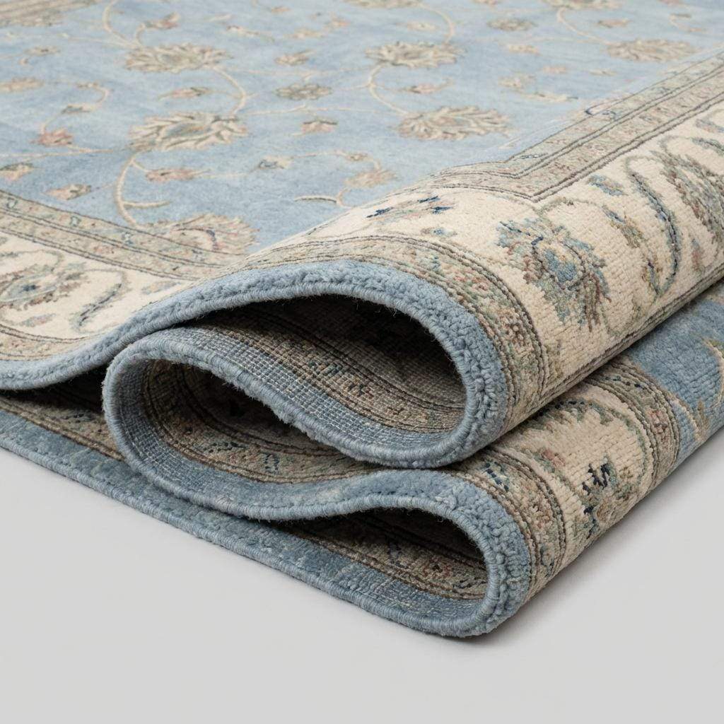 Hand Knotted Oushak Rug Blue, Wool Area Rug 8x10 9x12, Muted Floral Living Room Carpet, Handmade Pastel Bedroom Decor, Soft Turkish Style