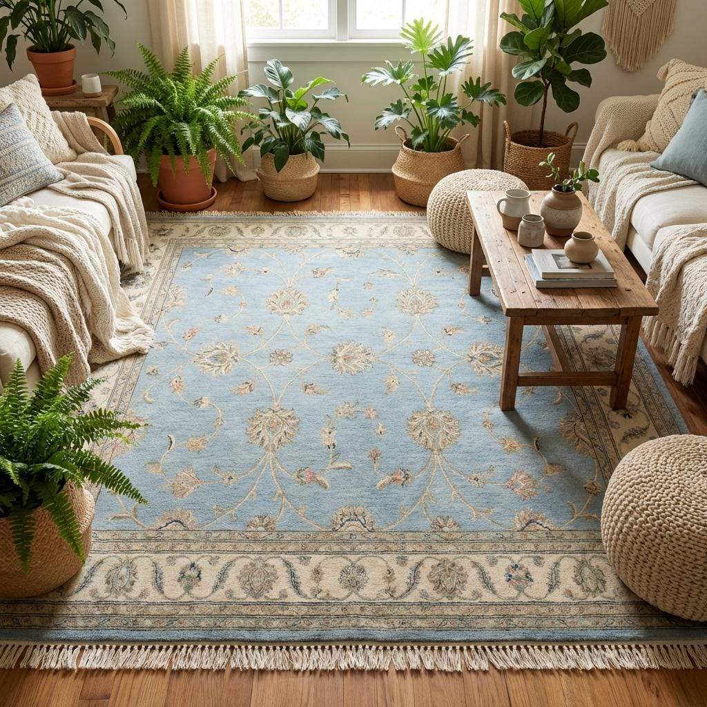 Blue and beige wool rug placed on wooden floor with blue armchair showing scale and color.