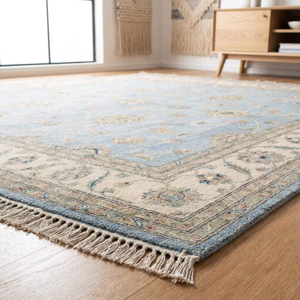 Hand Knotted Oushak Rug Blue, Wool Area Rug 8x10 9x12, Muted Floral Living Room Carpet, Handmade Pastel Bedroom Decor, Soft Turkish Style
