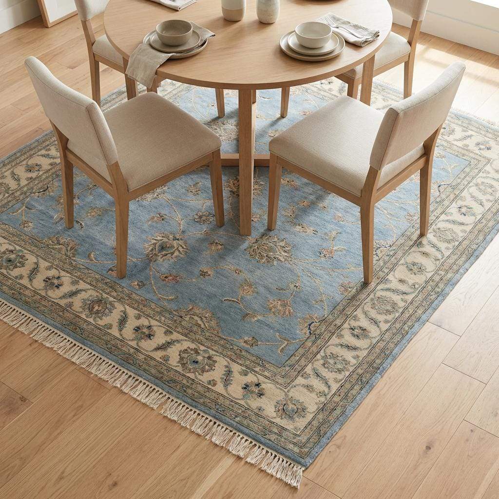 Hand Knotted Oushak Rug Blue, Wool Area Rug 8x10 9x12, Muted Floral Living Room Carpet, Handmade Pastel Bedroom Decor, Soft Turkish Style