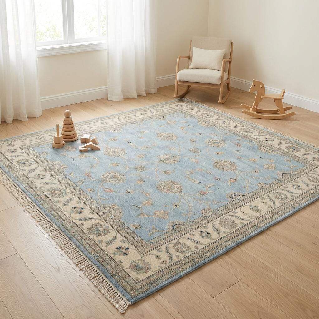 Detail of traditional fringe edging on handmade wool carpet.