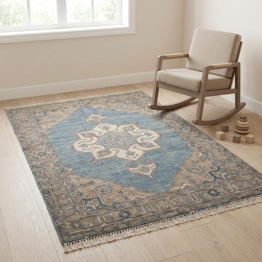 Hand Knotted Oushak Rug Blue Wool Vintage Style Living Room Area Rug