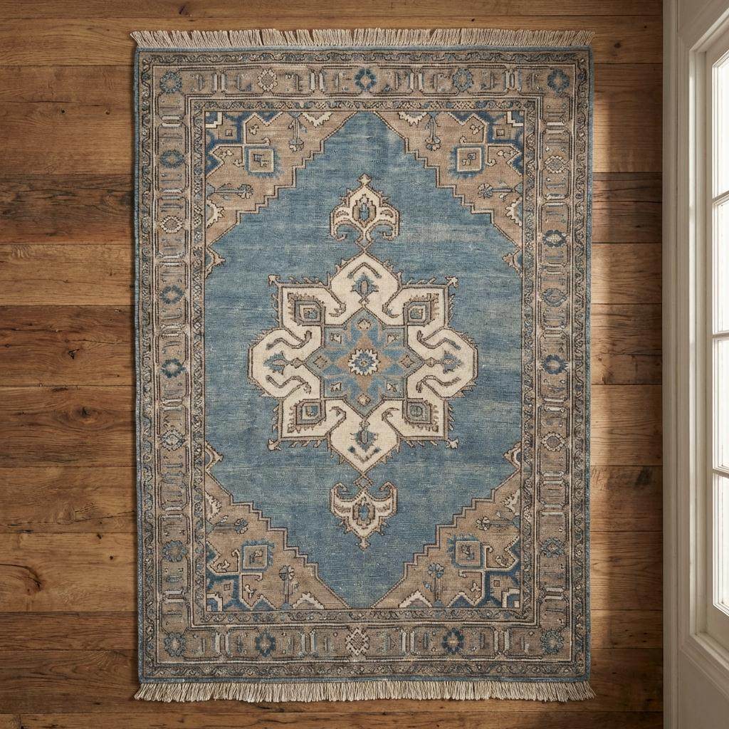 Hand Knotted Oushak Rug Blue Wool Vintage Style Living Room Area Rug