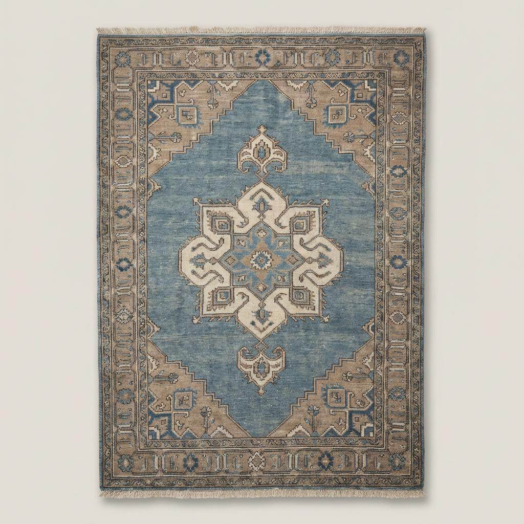 Traditional blue medallion Oushak area rug on wooden floor beside leather armchair and linen curtains