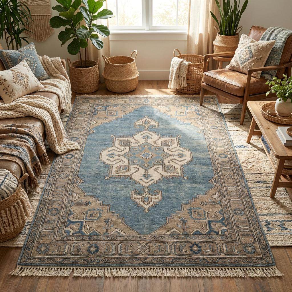 Vintage style blue wool rug with geometric border pattern for farmhouse or transitional décor