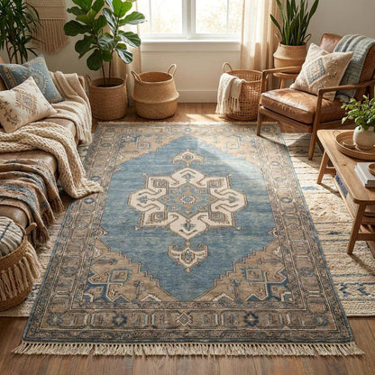 Vintage style blue wool rug with geometric border pattern for farmhouse or transitional décor