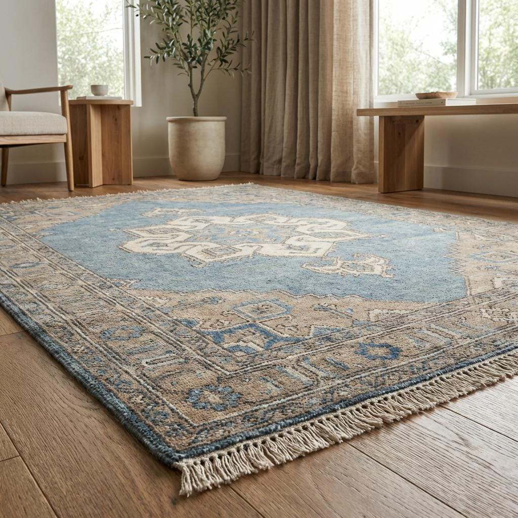 Artisan handmade Oushak rug in muted sky blue tones suitable for bedroom or living space