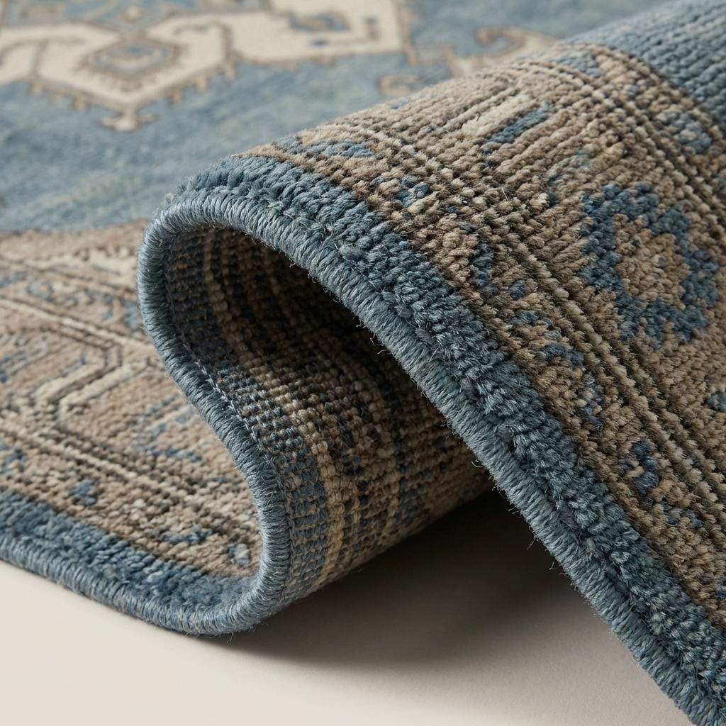 Hand Knotted Oushak Rug Blue Wool Vintage Style Living Room Area Rug
