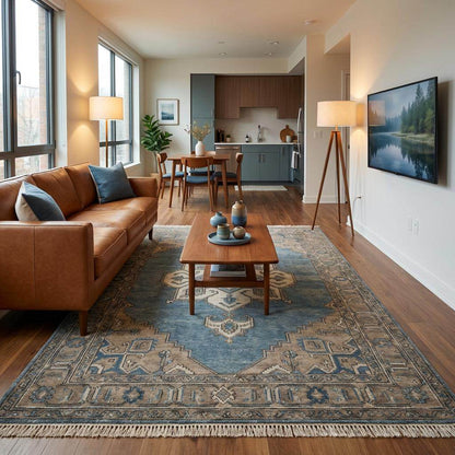 Hand Knotted Oushak Rug Blue Wool Vintage Style Living Room Area Rug
