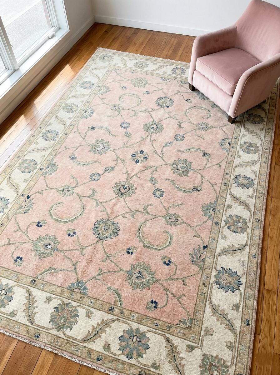 Hand-knotted Oushak rug in blush pink and cream with Turkish floral design, soft pastel wool area rug for nursery or bedroom decor
