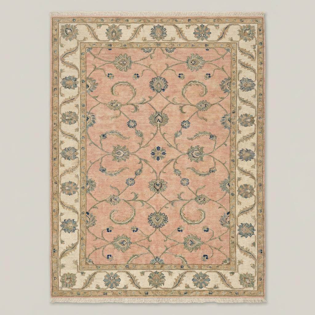 Intricate Turkish floral motifs in sage green and blue on a pastel pink wool rug.