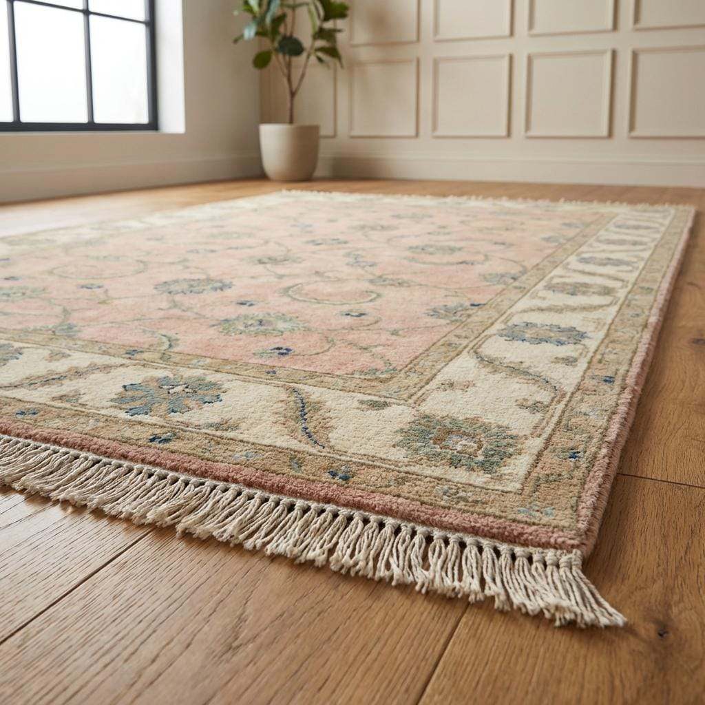 Angled view of handmade wool rug showing the fringe and low pile height.