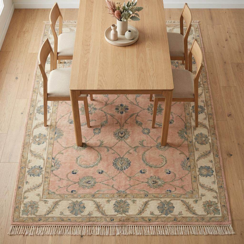 Hand Knotted Oushak Rug, Blush Pink & Cream Wool Area Rug, Turkish Floral Carpet, Soft Pastel Nursery Rug, Muted Bedroom Decor 8x10 9x12