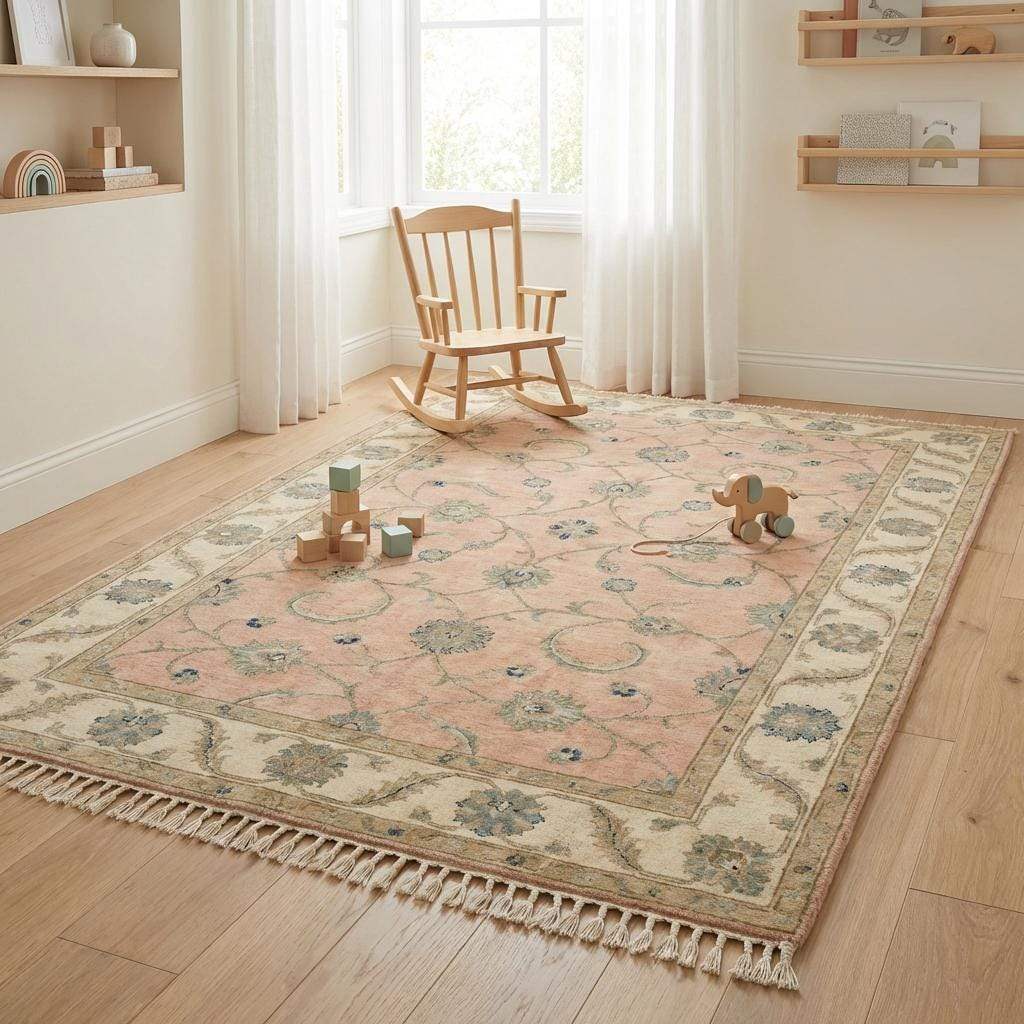 Hand Knotted Oushak Rug, Blush Pink & Cream Wool Area Rug, Turkish Floral Carpet, Soft Pastel Nursery Rug, Muted Bedroom Decor 8x10 9x12