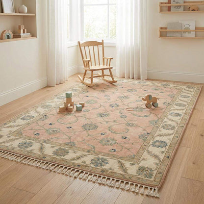 Hand Knotted Oushak Rug, Blush Pink & Cream Wool Area Rug, Turkish Floral Carpet, Soft Pastel Nursery Rug, Muted Bedroom Decor 8x10 9x12