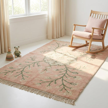 Hand Knotted Oushak Rug, Blush Pink Floral Wool Area Rug