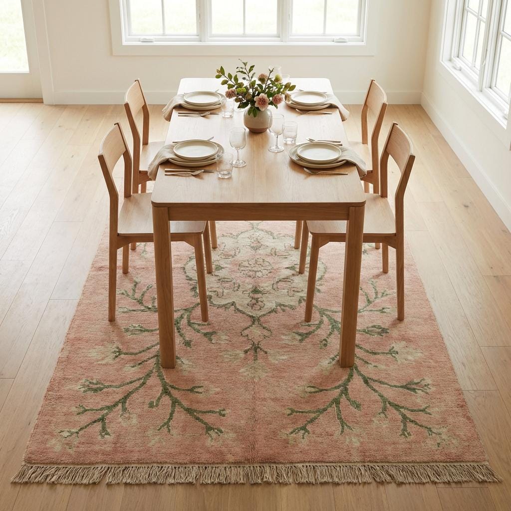 Hand Knotted Oushak Rug, Blush Pink Floral Wool Area Rug