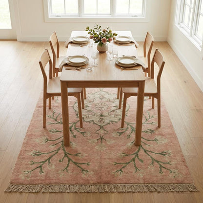 Hand Knotted Oushak Rug, Blush Pink Floral Wool Area Rug