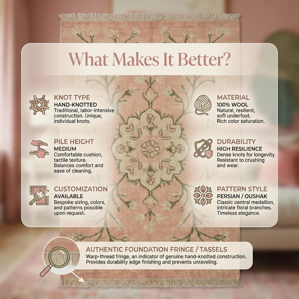 Hand Knotted Oushak Rug, Blush Pink Floral Wool Area Rug