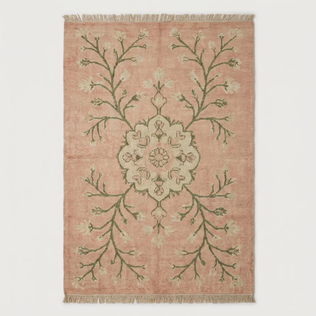 Blush pink floral wool area rug with sage green vine motifs and antique inspired pattern