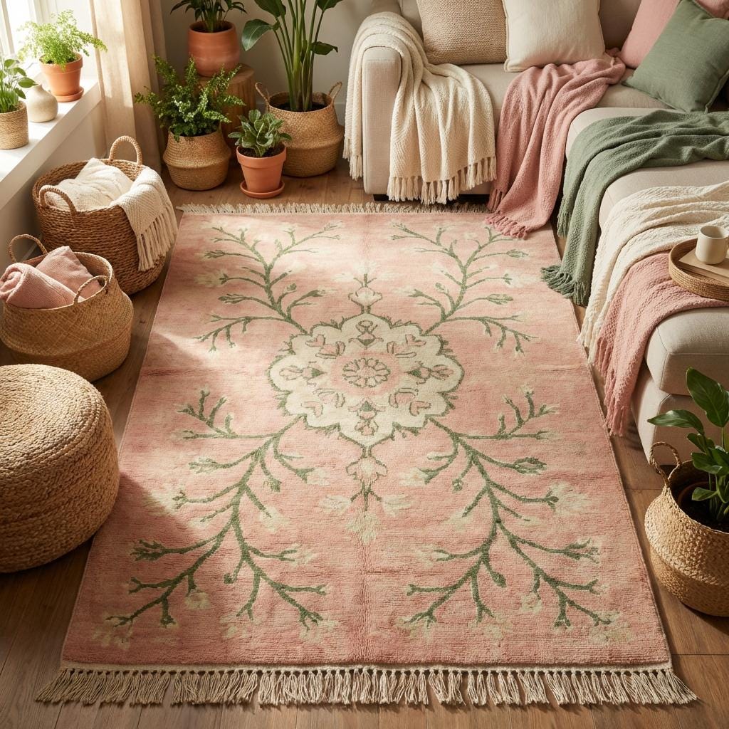 Handmade Oushak style rug styled in bedroom with soft natural light and wooden flooring