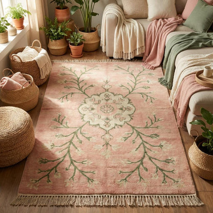 Handmade Oushak style rug styled in bedroom with soft natural light and wooden flooring