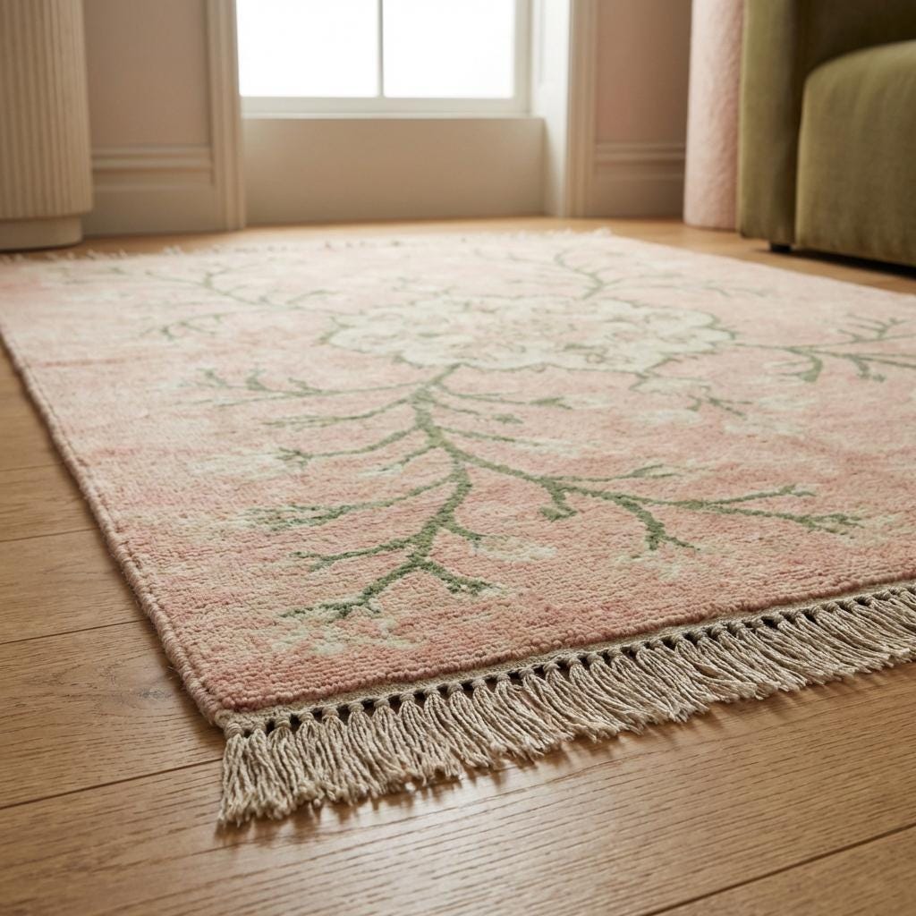 Traditional hand knotted wool rug featuring pastel pink field and botanical design