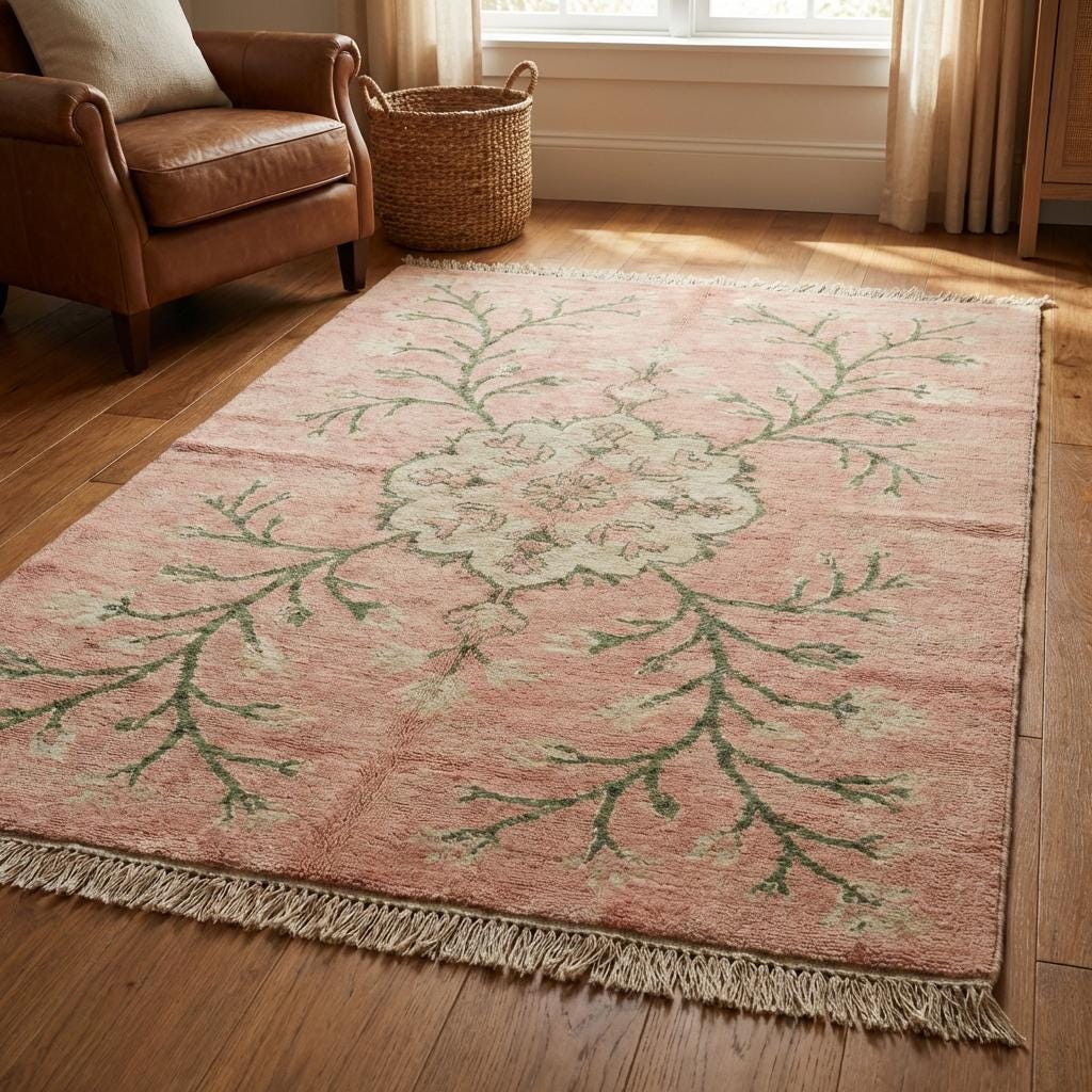 Hand Knotted Oushak Rug, Blush Pink Floral Wool Area Rug