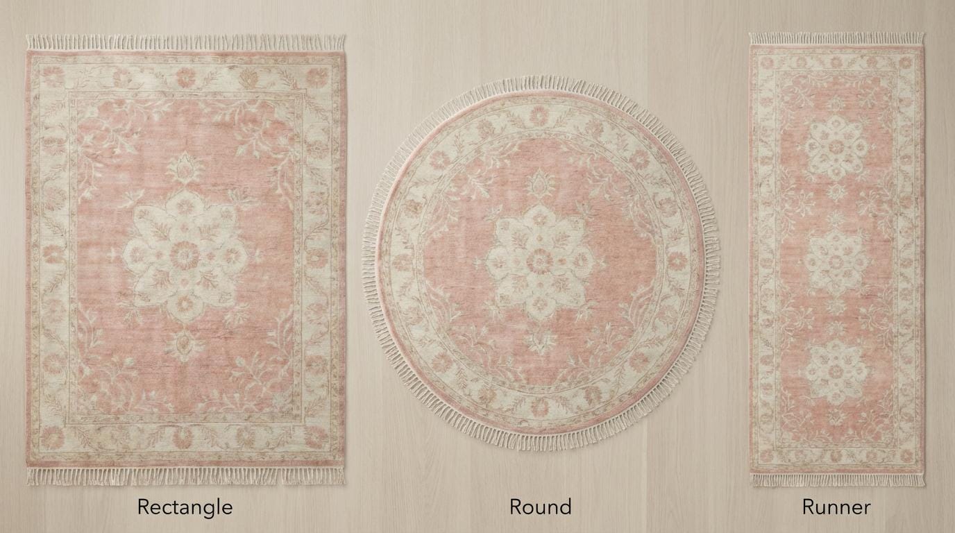 Hand knotted Oushak rug blush pink wool with floral medallion and ivory border