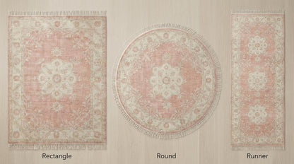 Hand knotted Oushak rug blush pink wool with floral medallion and ivory border