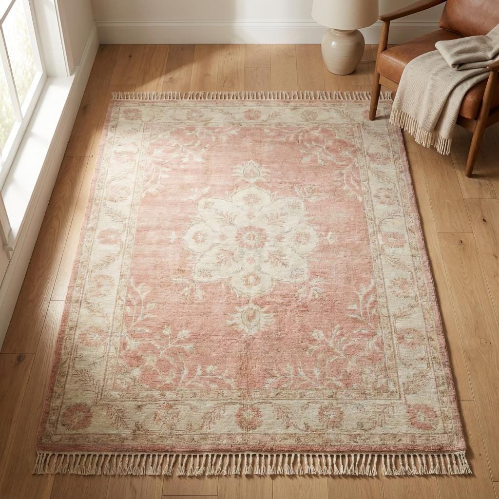 Hand knotted Oushak rug with blush pink floral medallion and wool texture