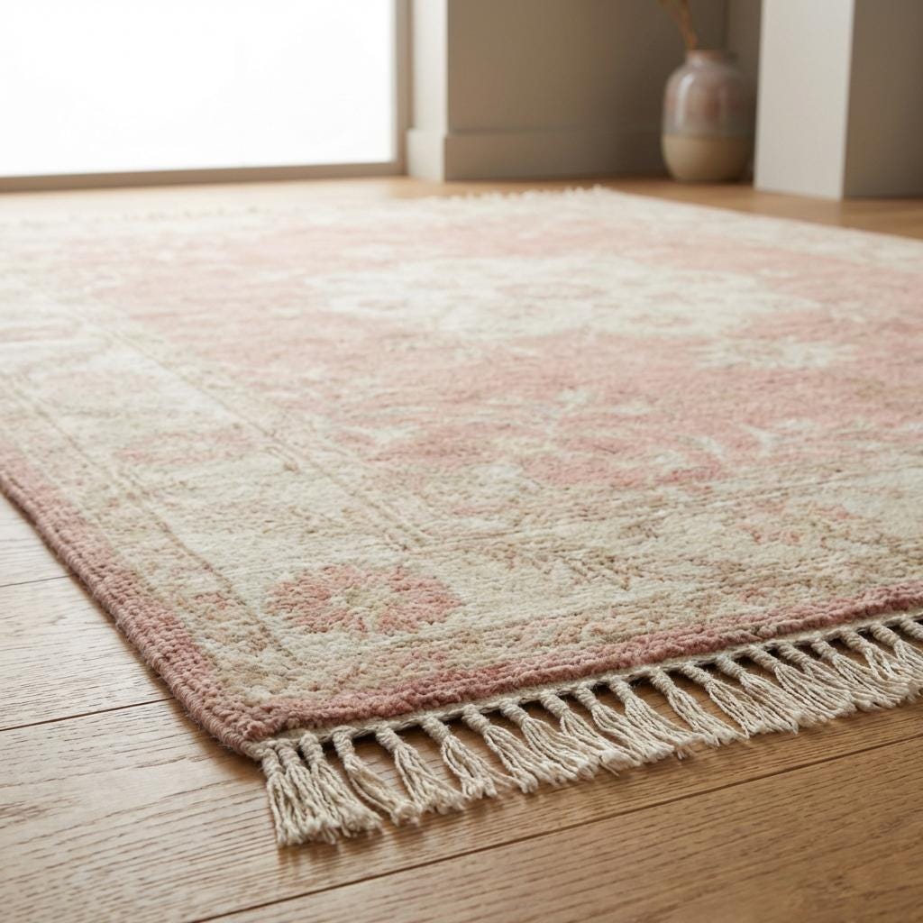 Hand knotted Oushak rug in blush pink with ivory floral medallion, soft wool area rug for living room and bedroom