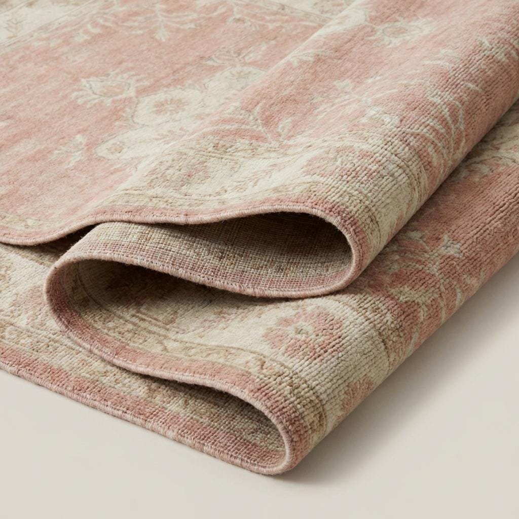 Hand knotted Oushak rug in blush pink with ivory floral medallion, soft wool vintage style carpet for living room and bedroom