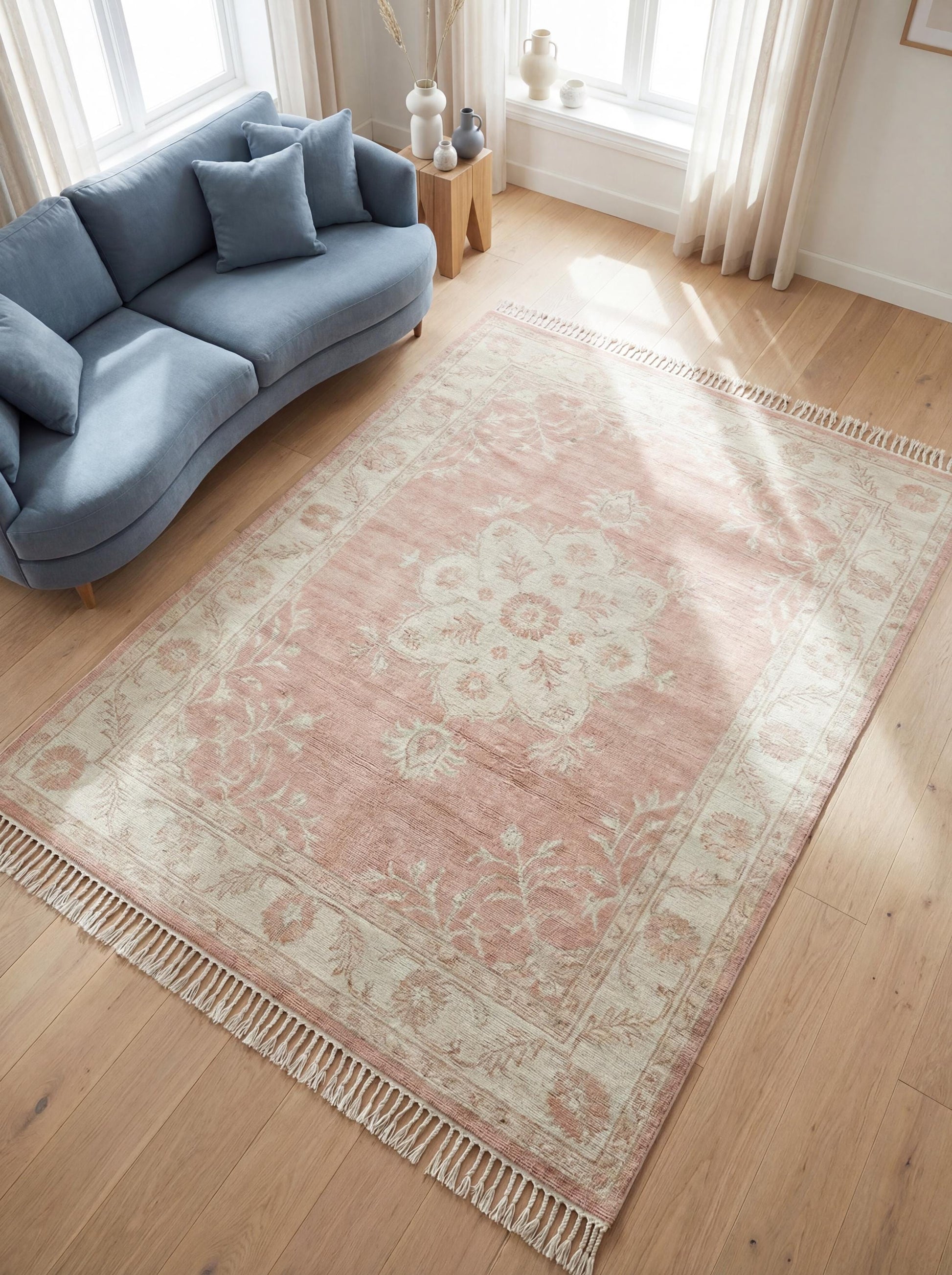 Hand knotted Oushak rug with blush pink wool and ivory floral medallion for vintage living room decor