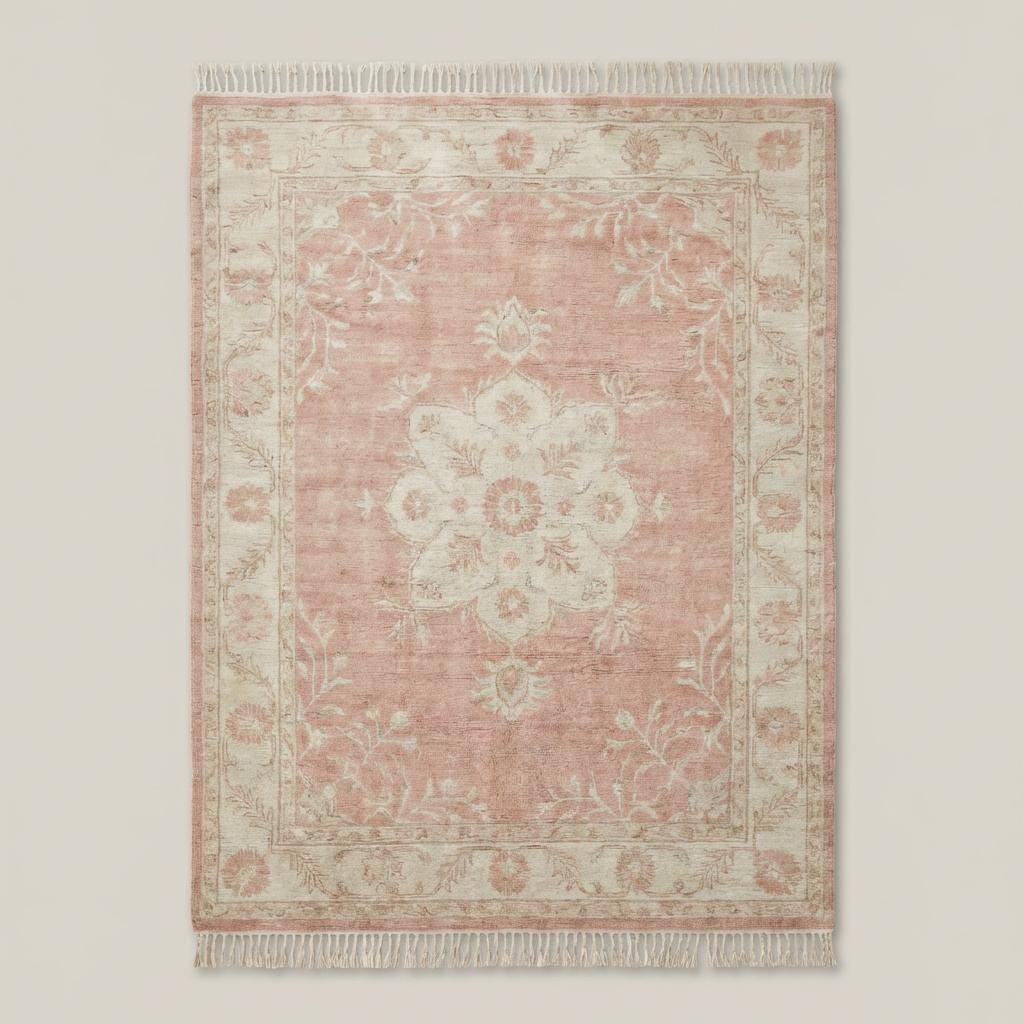 Hand knotted Oushak rug blush pink wool with floral medallion and vintage Turkish style