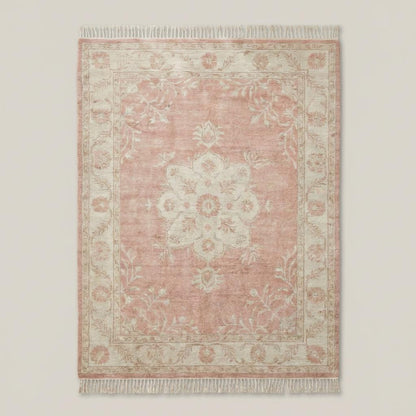 Hand knotted Oushak rug blush pink wool with floral medallion and vintage Turkish style