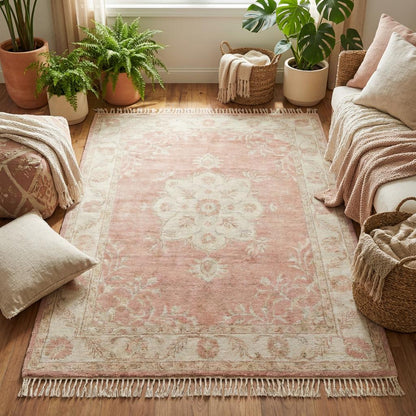 Hand knotted Oushak rug in blush pink with ivory floral medallion, wool area rug for living room and bedroom