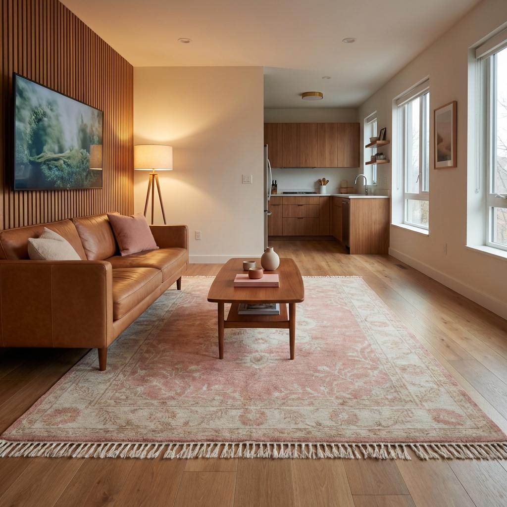 Hand Knotted Oushak Rug in blush pink with ivory floral medallion, vintage wool area rug for living room and bedroom