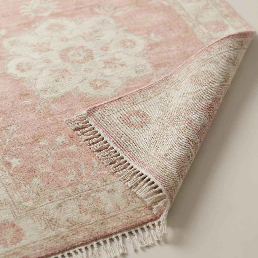 Hand Knotted Oushak Rug blush pink wool floral medallion vintage style