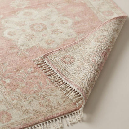 Hand Knotted Oushak Rug blush pink wool floral medallion vintage style