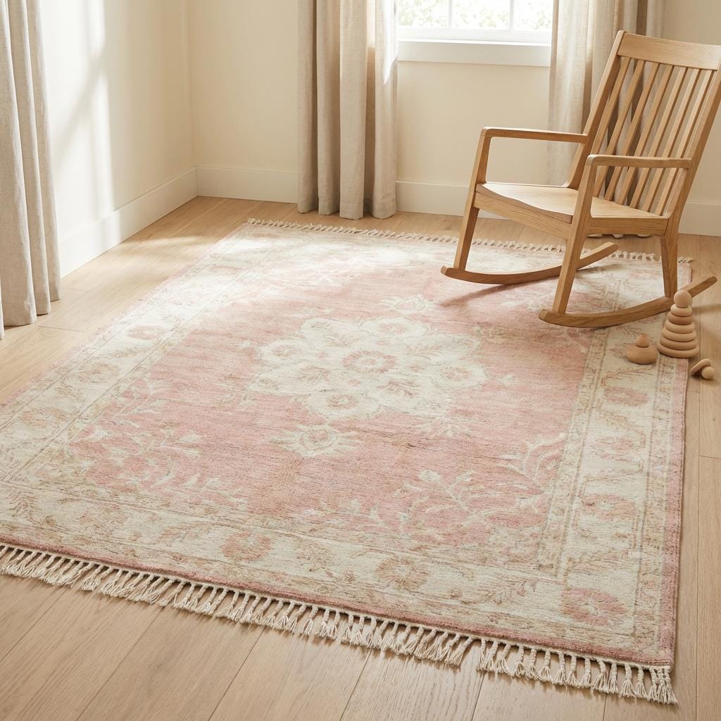Hand knotted Oushak rug blush pink wool with floral medallion and ivory border