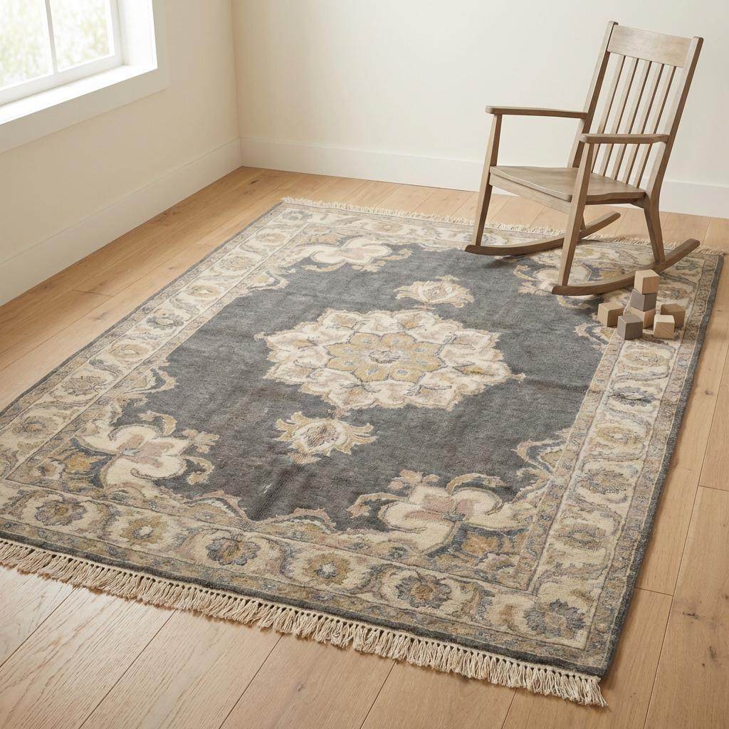 Hand Knotted Oushak Rug, Charcoal Grey Wool Area Rug, Muted Turkish Style Carpet, Vintage Inspired Medallion Rug for Living Room Bedroom __etsy:7693759847