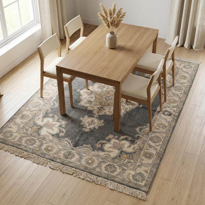 Hand Knotted Oushak Rug, Charcoal Grey Wool Area Rug, Muted Turkish Style Carpet, Vintage Inspired Medallion Rug for Living Room Bedroom __etsy:7693759799
