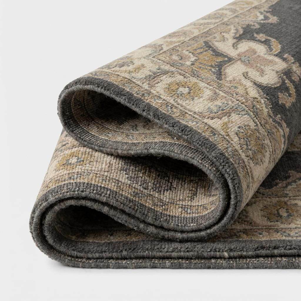 Hand Knotted Oushak Rug charcoal grey wool medallion vintage Turkish style carpet